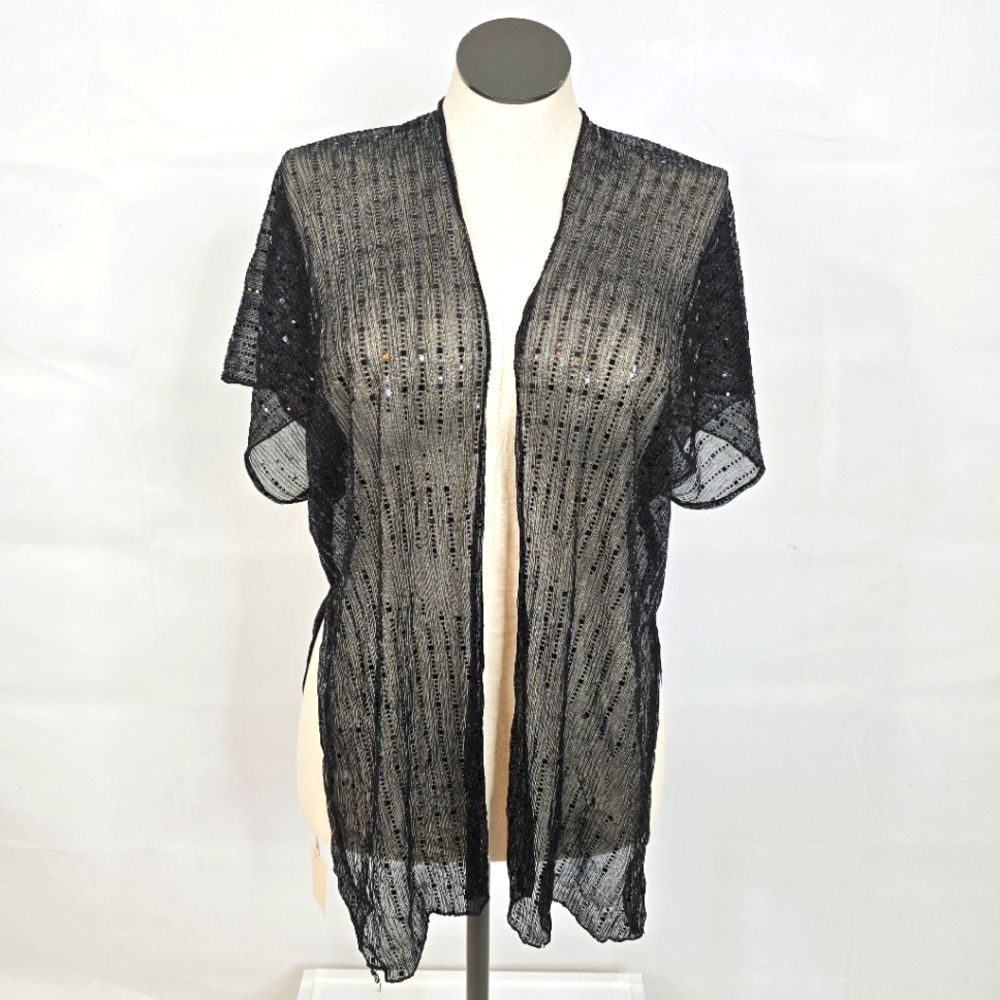 NWT Fadivo Black Sheer Kimoni Beach Cover Up With Sequin Like Trim OS